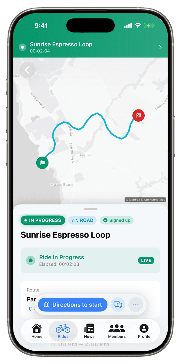 Live ride screen with the route map and ride progress