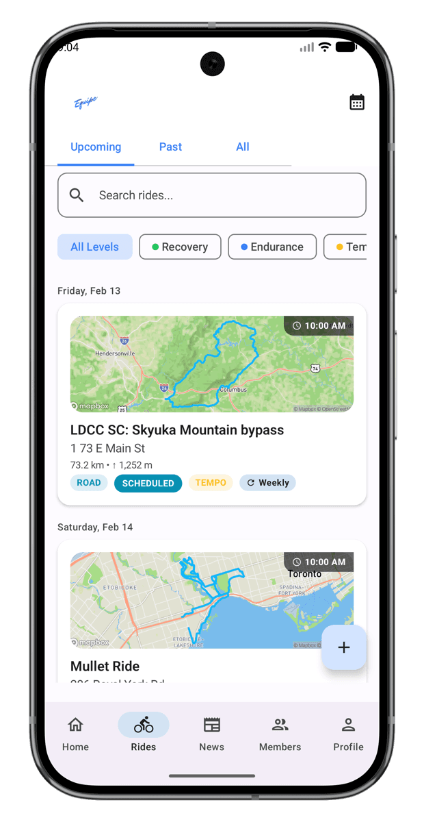 Equipe Android app rides list