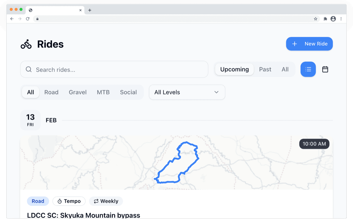 Equipe web dashboard showing upcoming rides