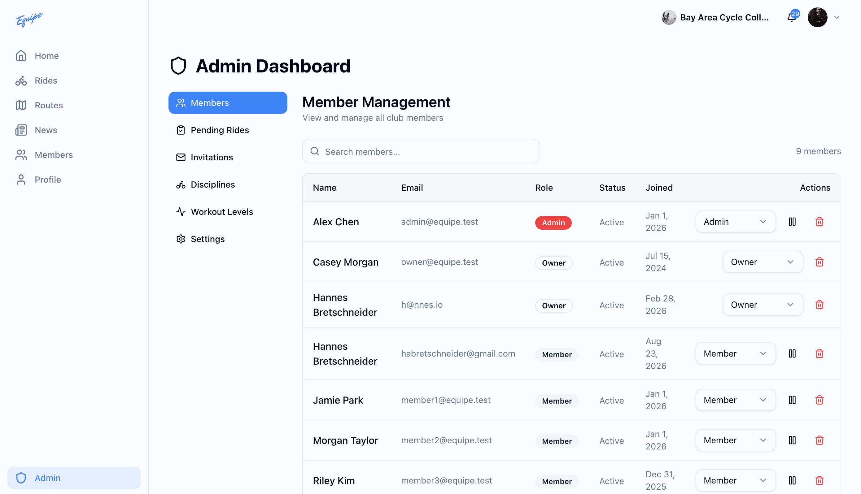 The Admin sidebar link and the Member Management page it opens