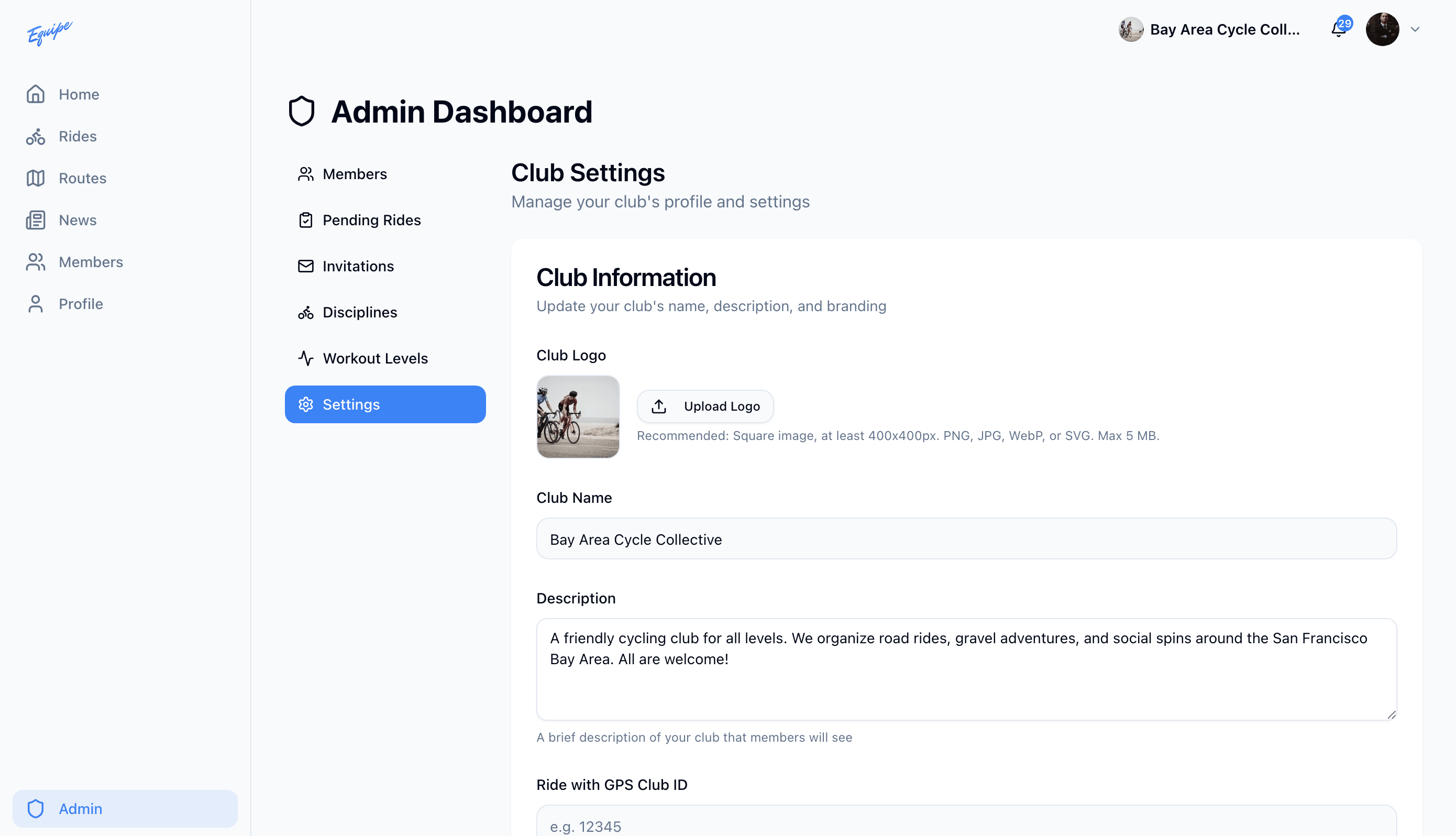 The Club Information card with the logo, name, description, and Save Changes button