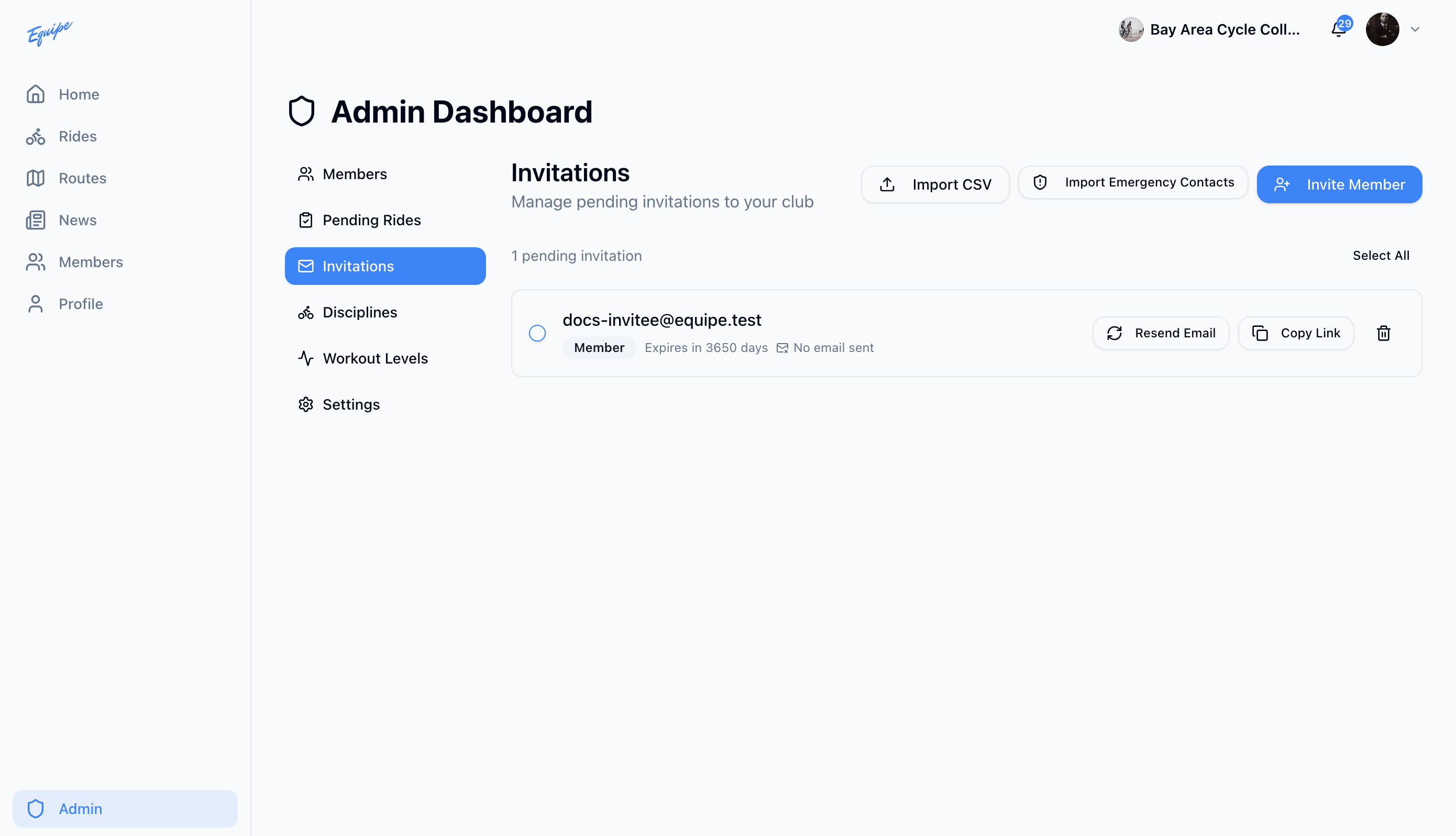 The Invitations page with the pending invitation list and the Invite Member button