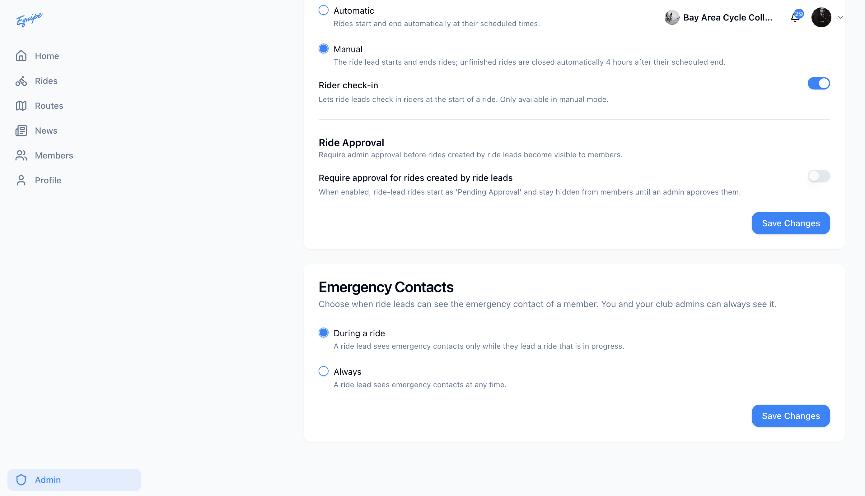 The Ride lifecycle radio buttons and the Rider check-in switch