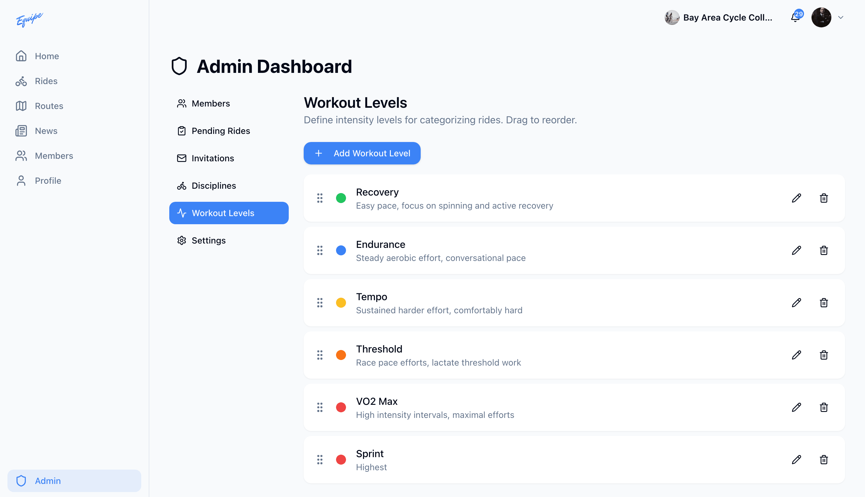 The Workout Levels list with the Add Workout Level button