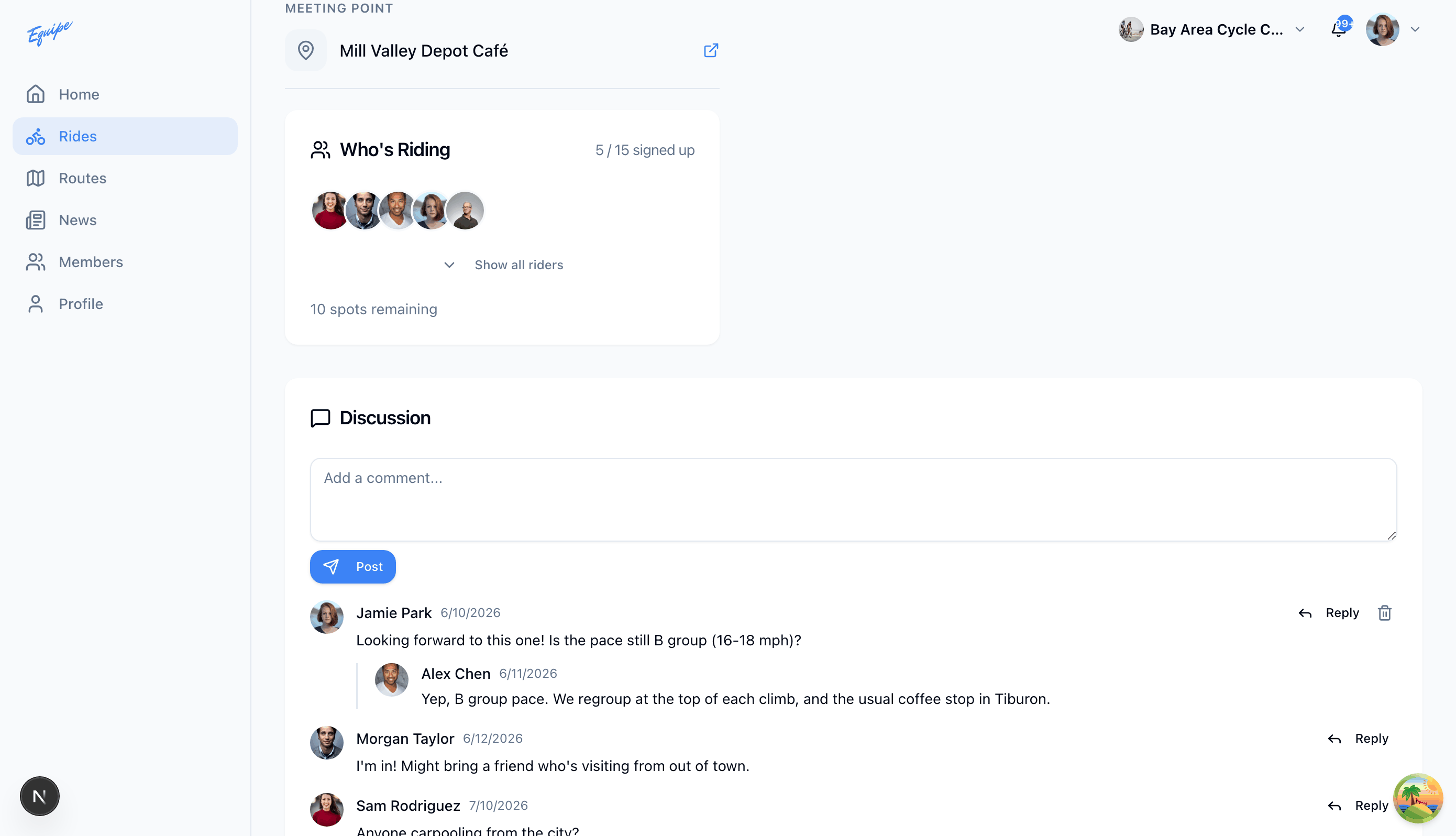 The Discussion section on the ride detail page on the web, listing comments and a reply