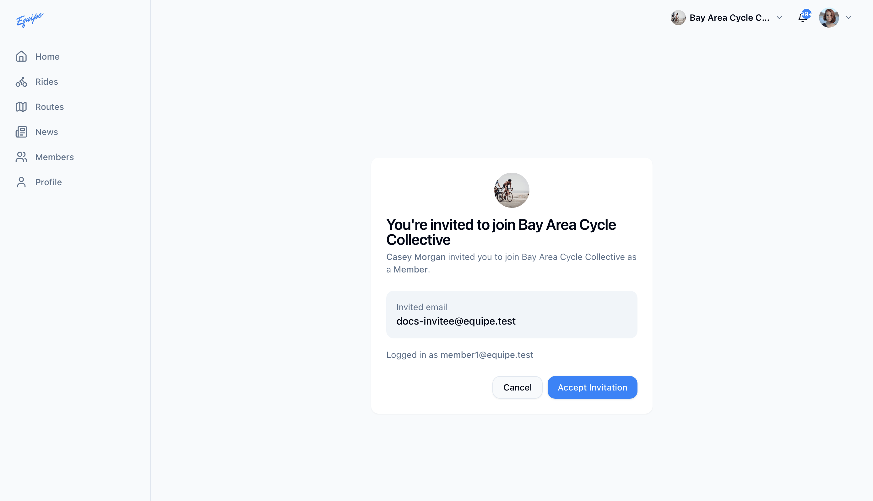 The invite page on the web app with the Accept Invitation button