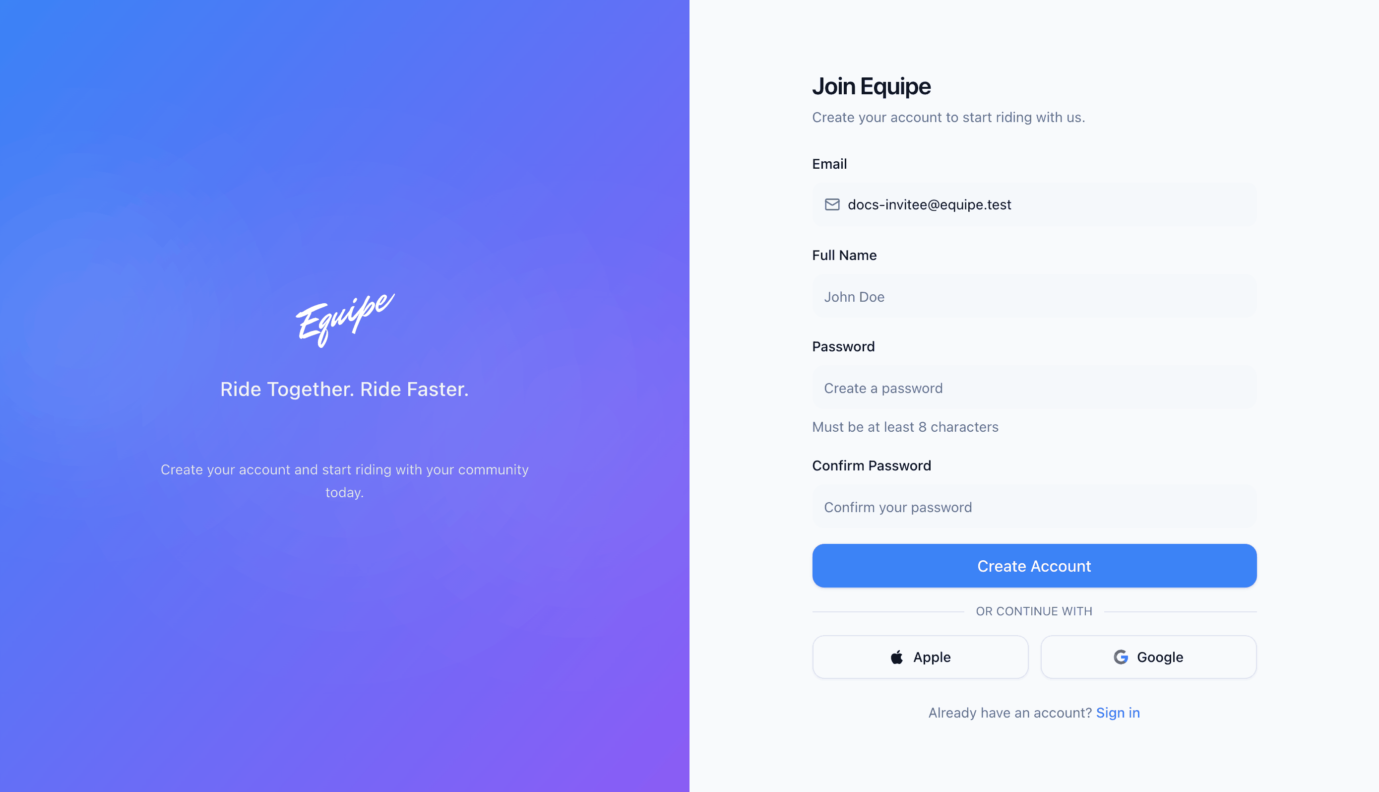 The account creation form on the web app with the Create Account button