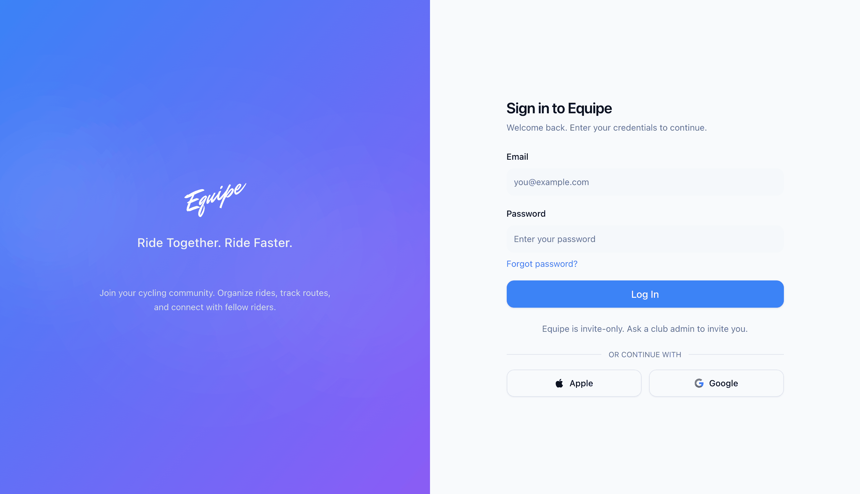 The login form on the web app with the Log In button