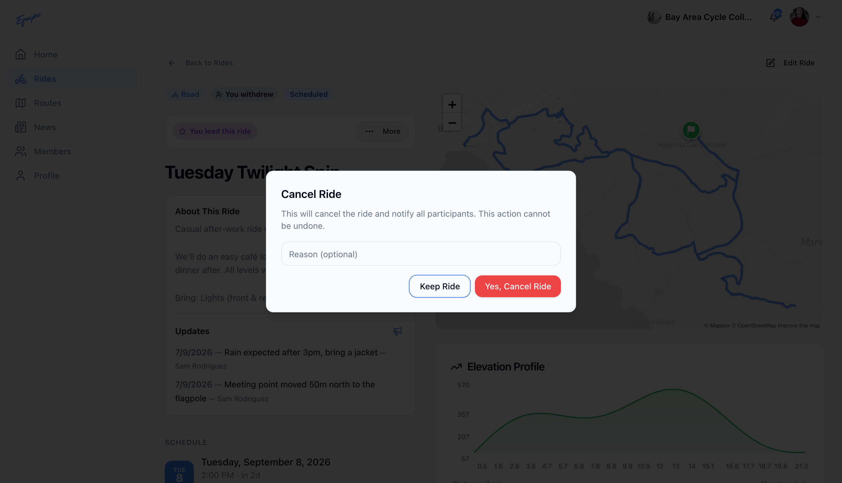 The cancel ride dialog with a reason field on the web