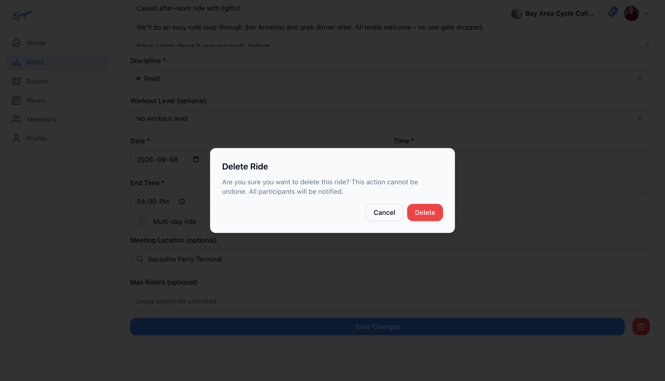 The delete confirmation dialog on the ride edit page on the web