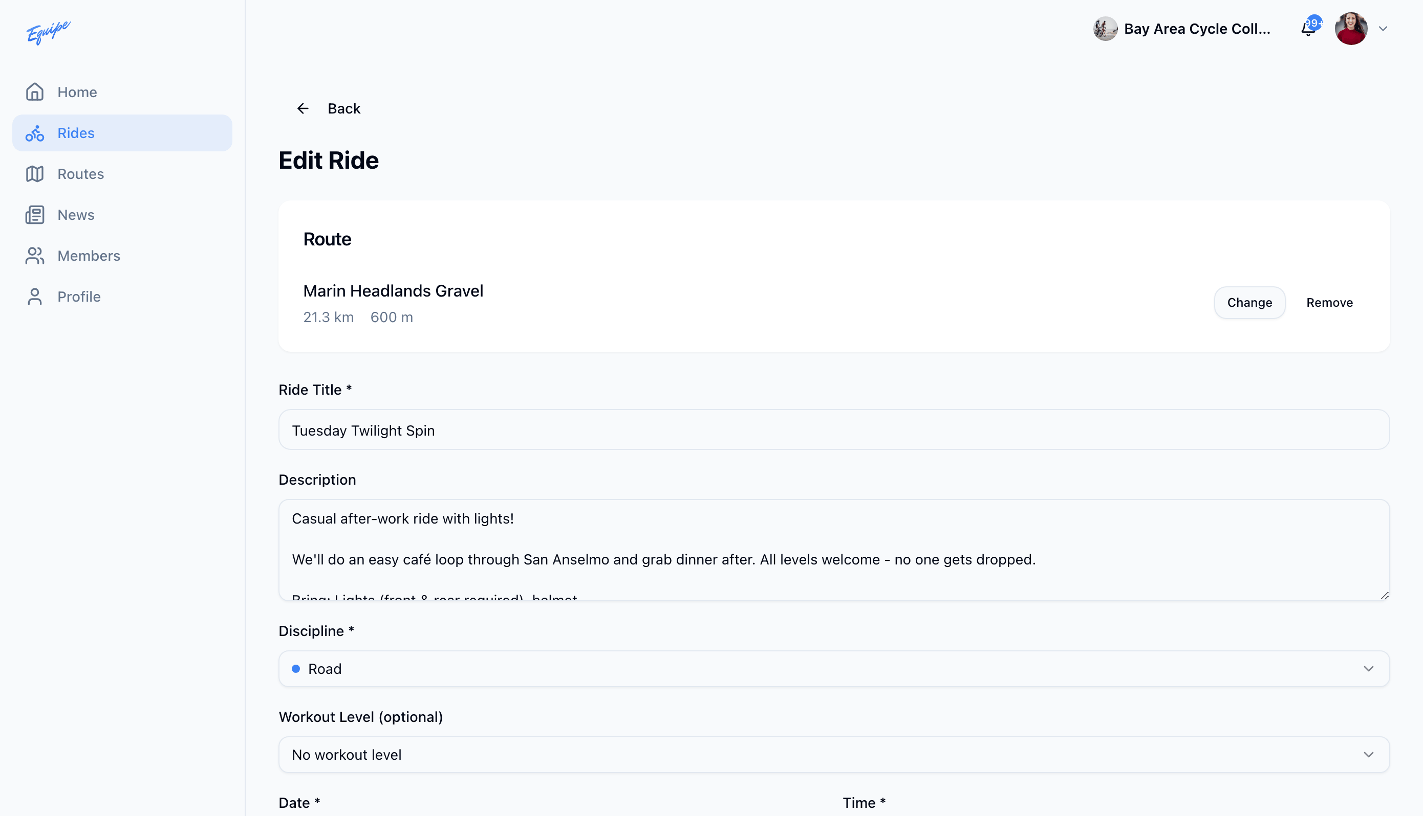 The edit ride form on the web with the Save Changes button