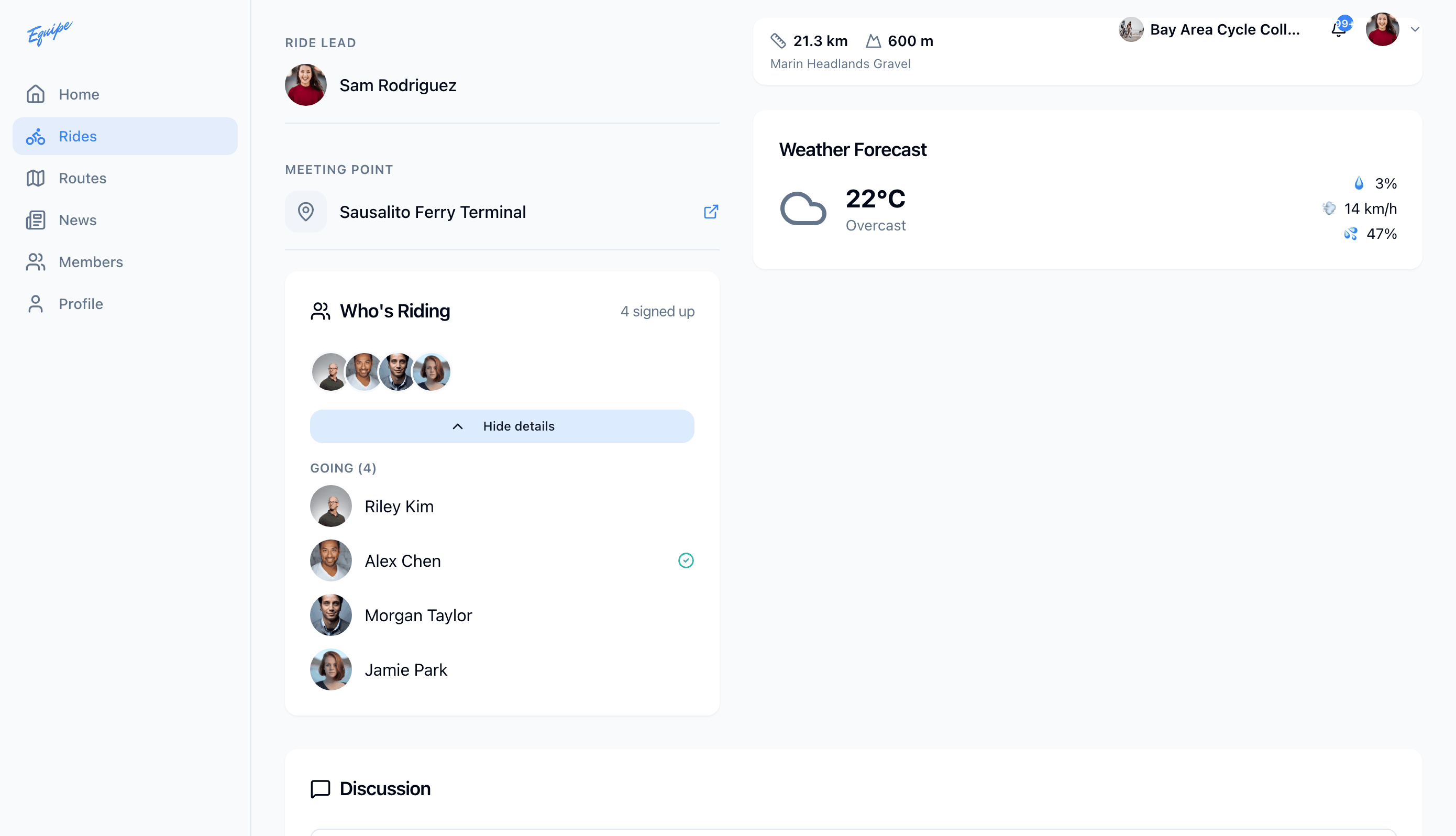 The Who's Riding card on the web with Going, Waitlist, and Interested groups expanded