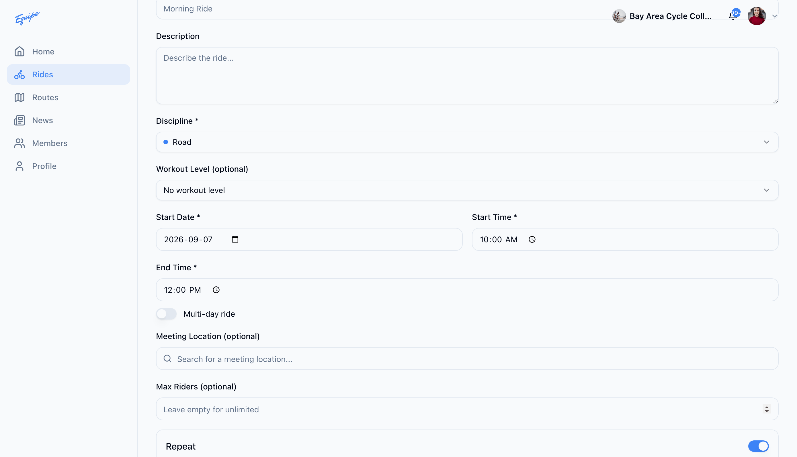 The Repeat toggle turned on with frequency and end options during ride creation on the web