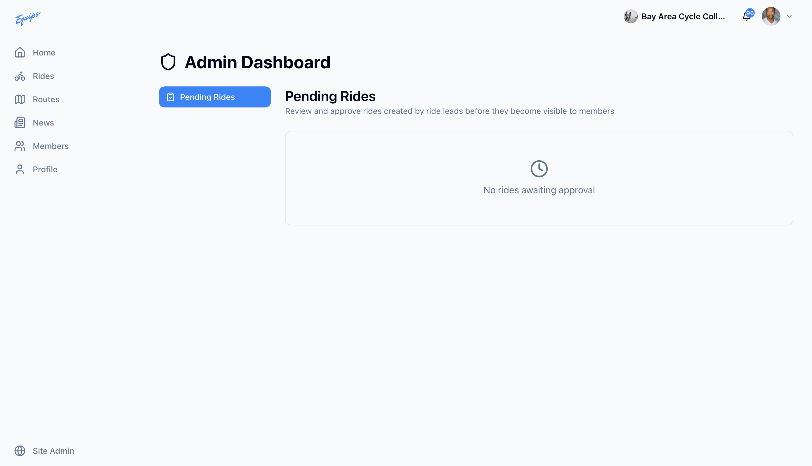 The Pending Rides table on the web with approve and reject controls