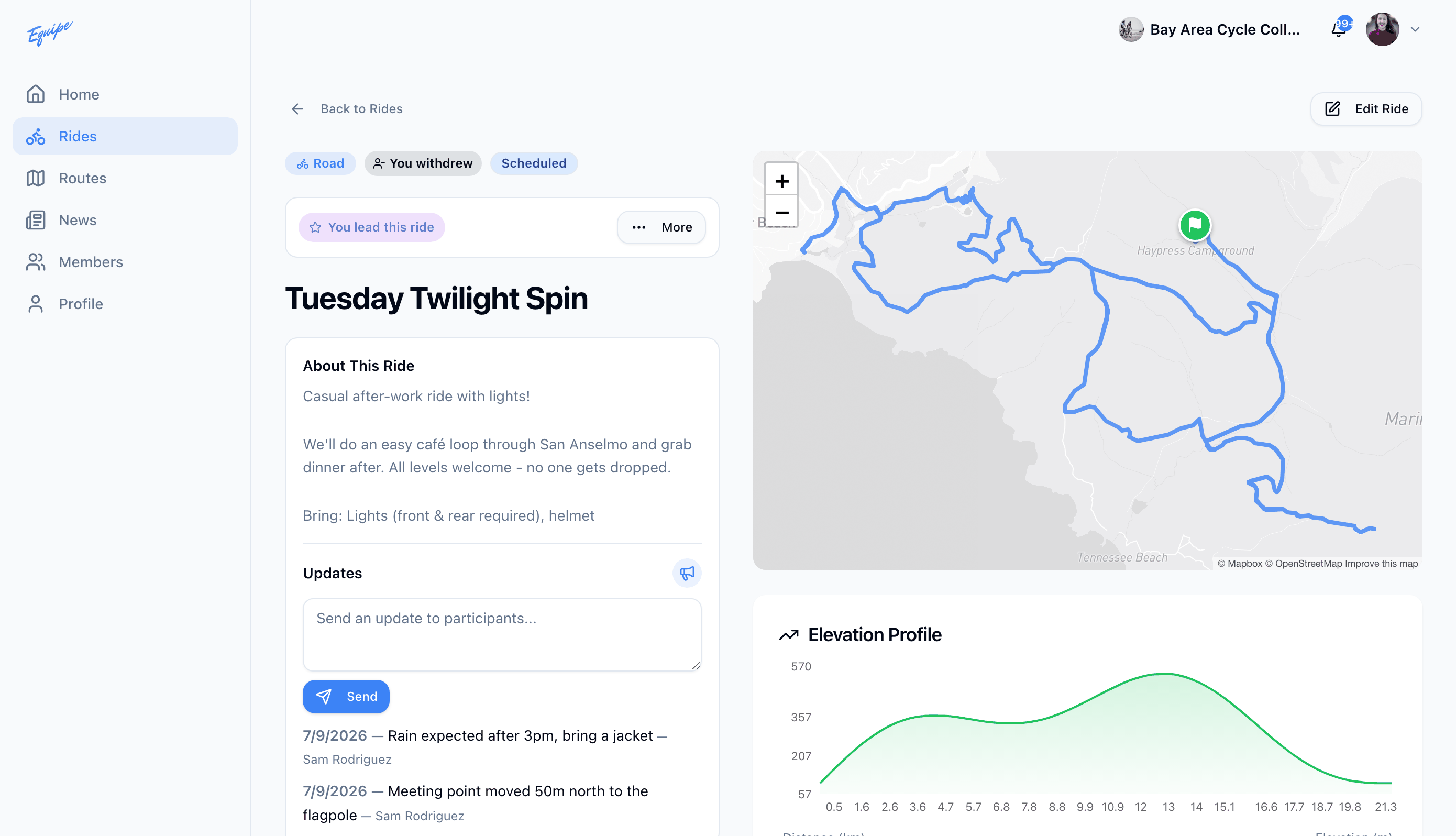 The ride update composer under Updates on the web