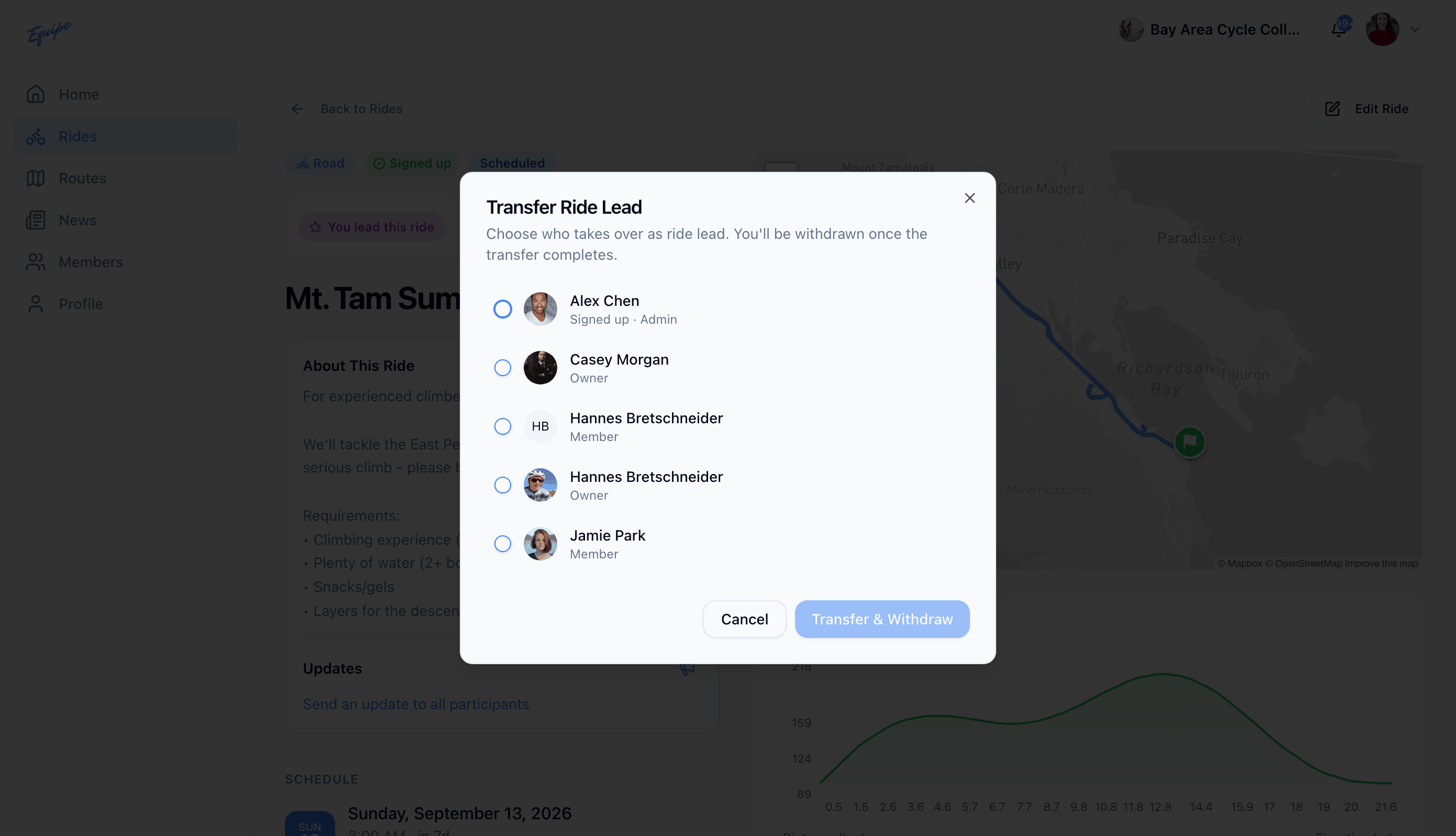 The transfer ride lead dialog with a list of candidates on the web