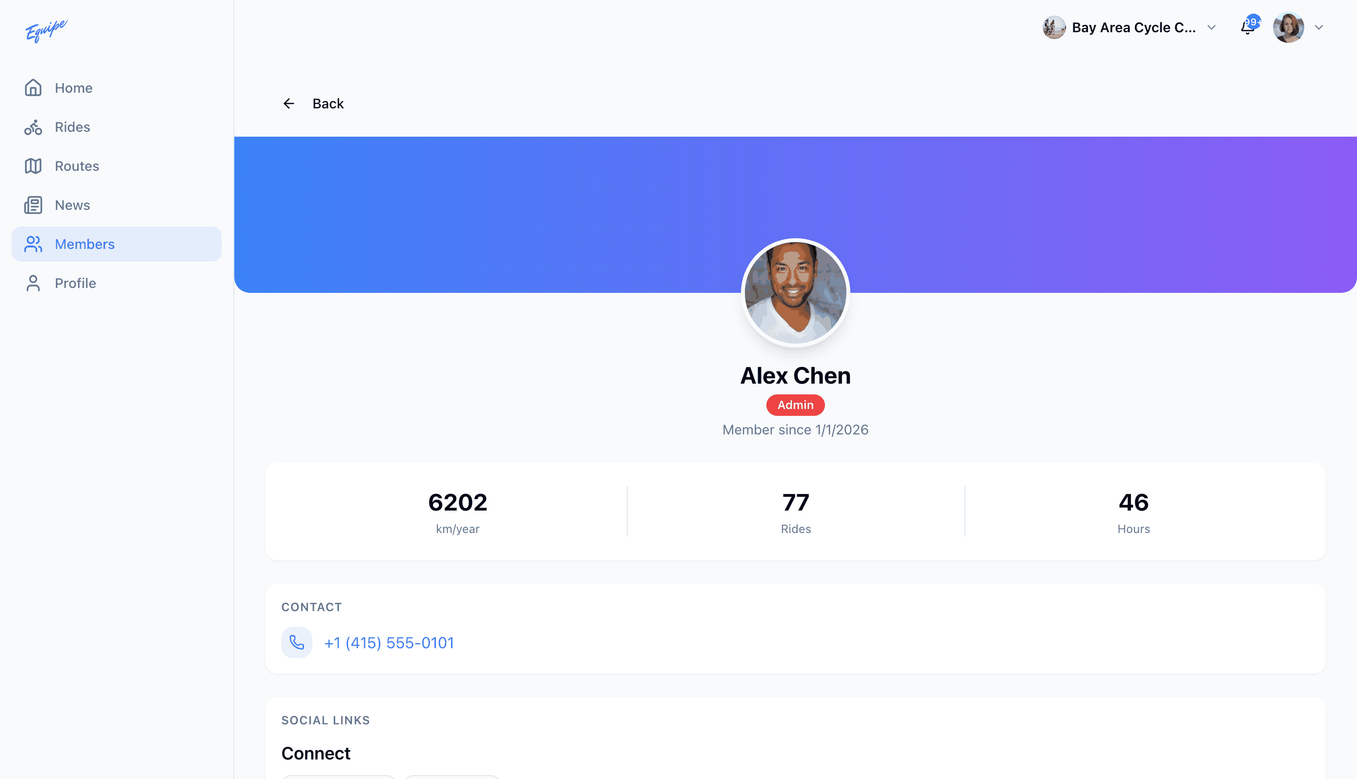 A member profile on the web with the stats card and social links