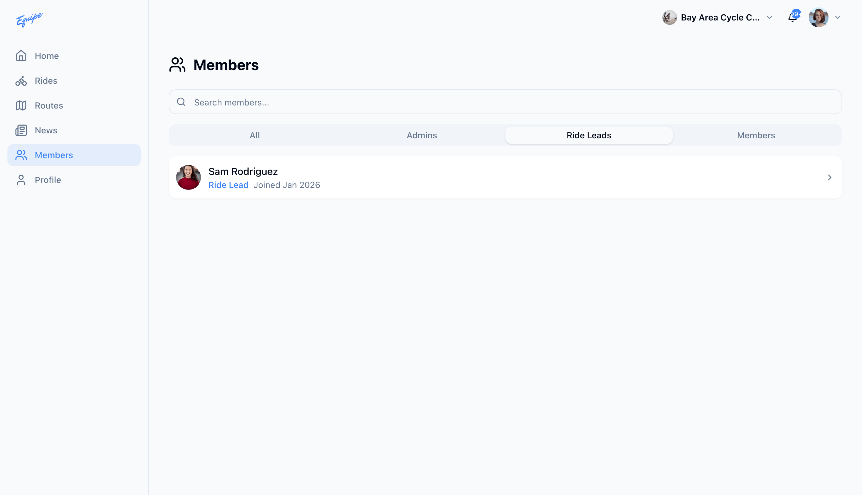 The members directory on the web with the Ride Leads filter selected