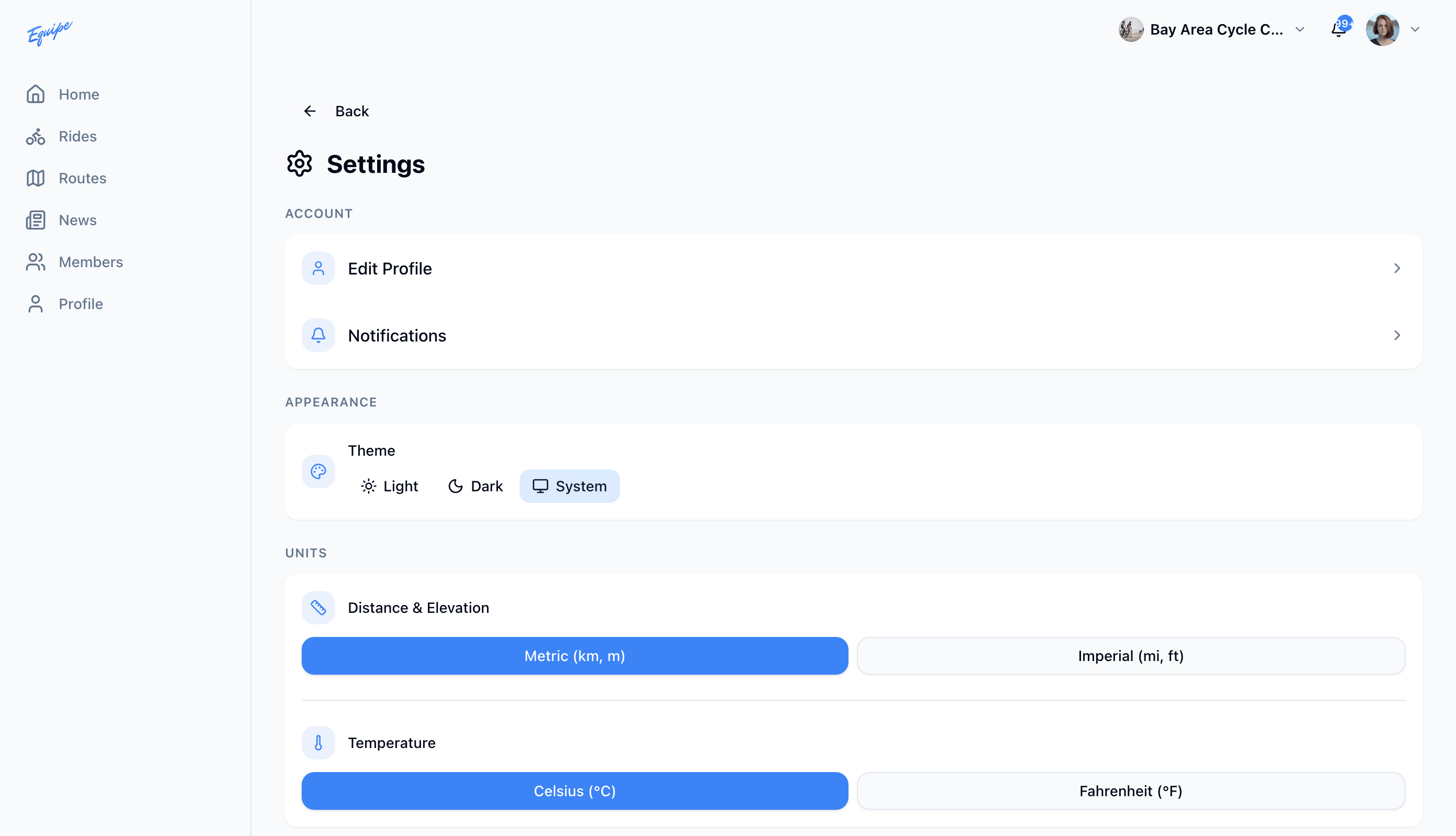 The Distance & Elevation and Temperature settings on the web