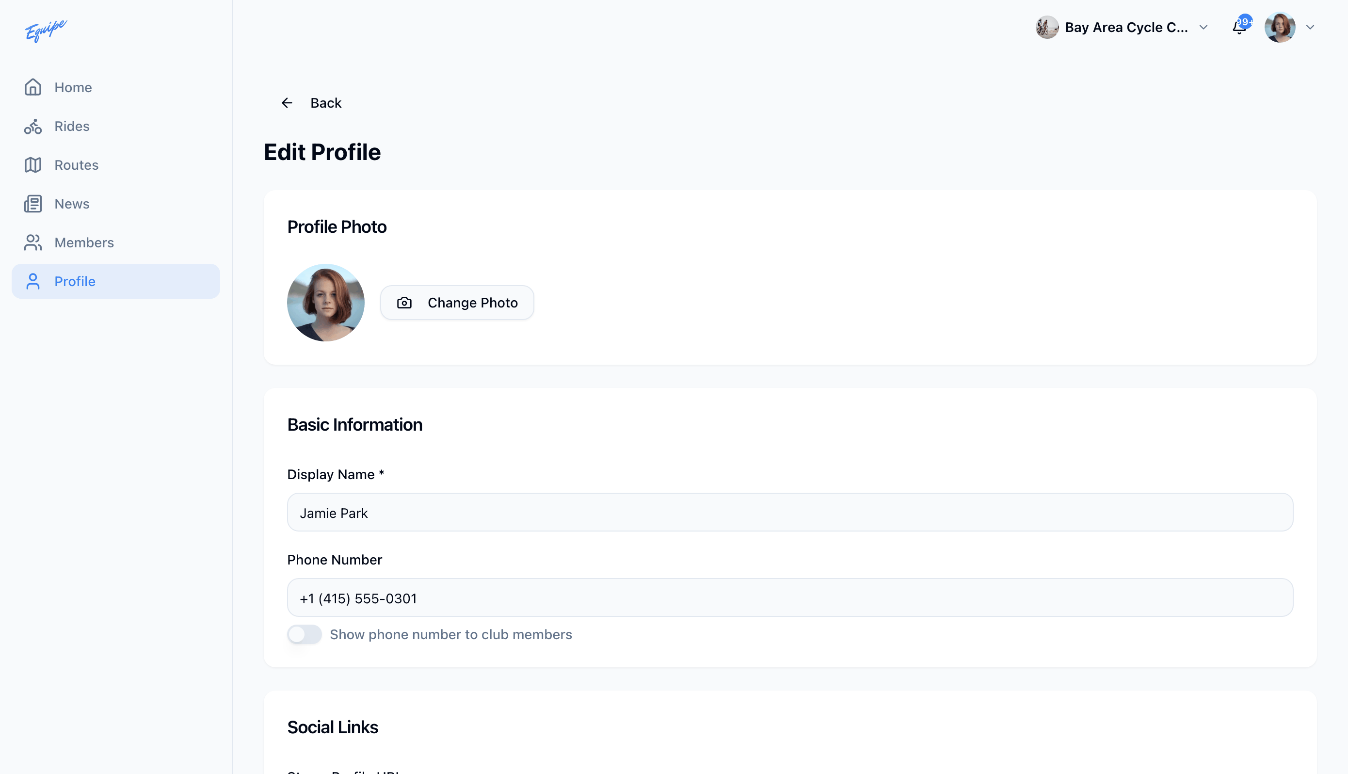 The edit profile form on the web with the Change Photo button