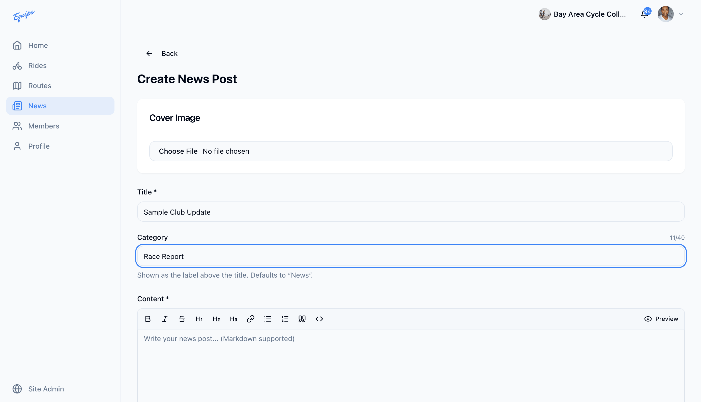 The Create News Post form on the web with the title and category fields filled in