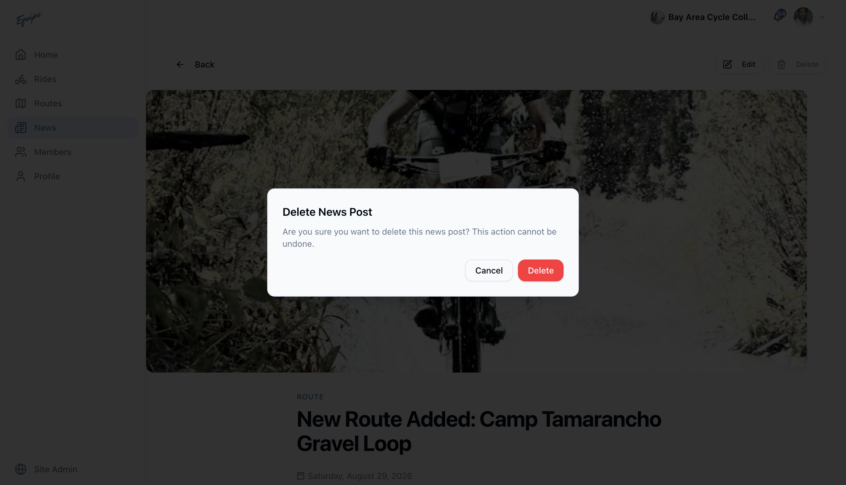 The delete confirmation dialog for a news post on the web