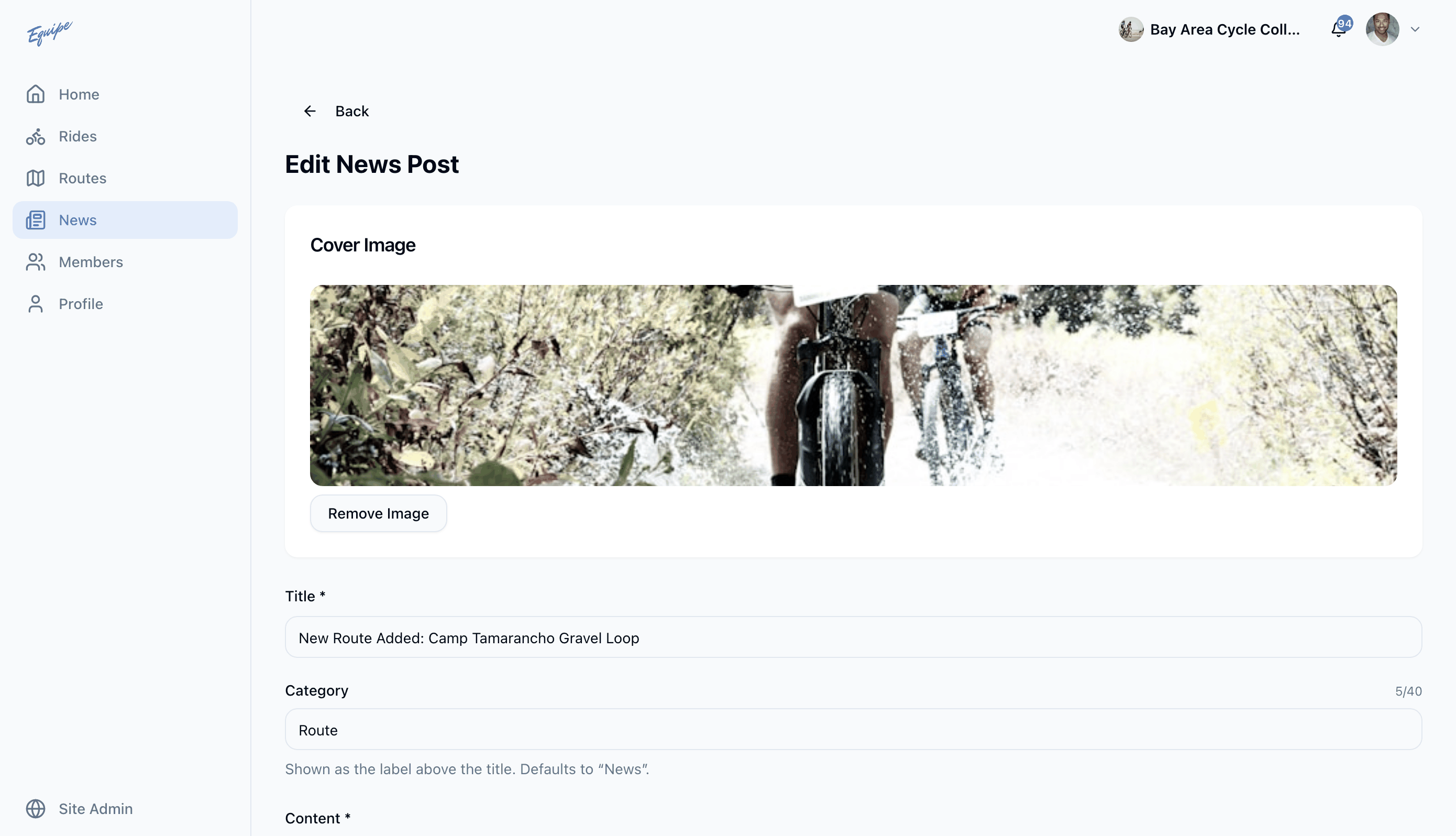 The Edit News Post form on the web with the Save Changes button