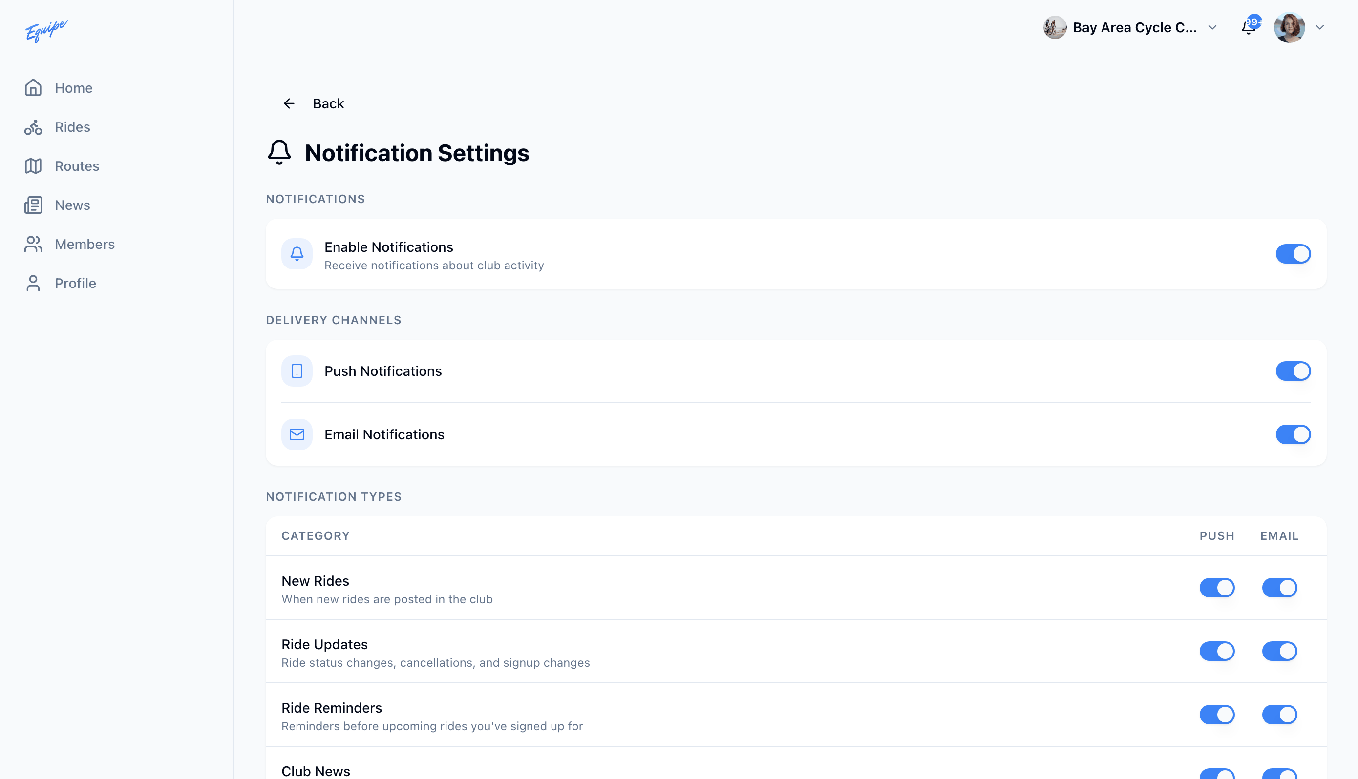The Notification Settings page on the web, with delivery channels and notification types