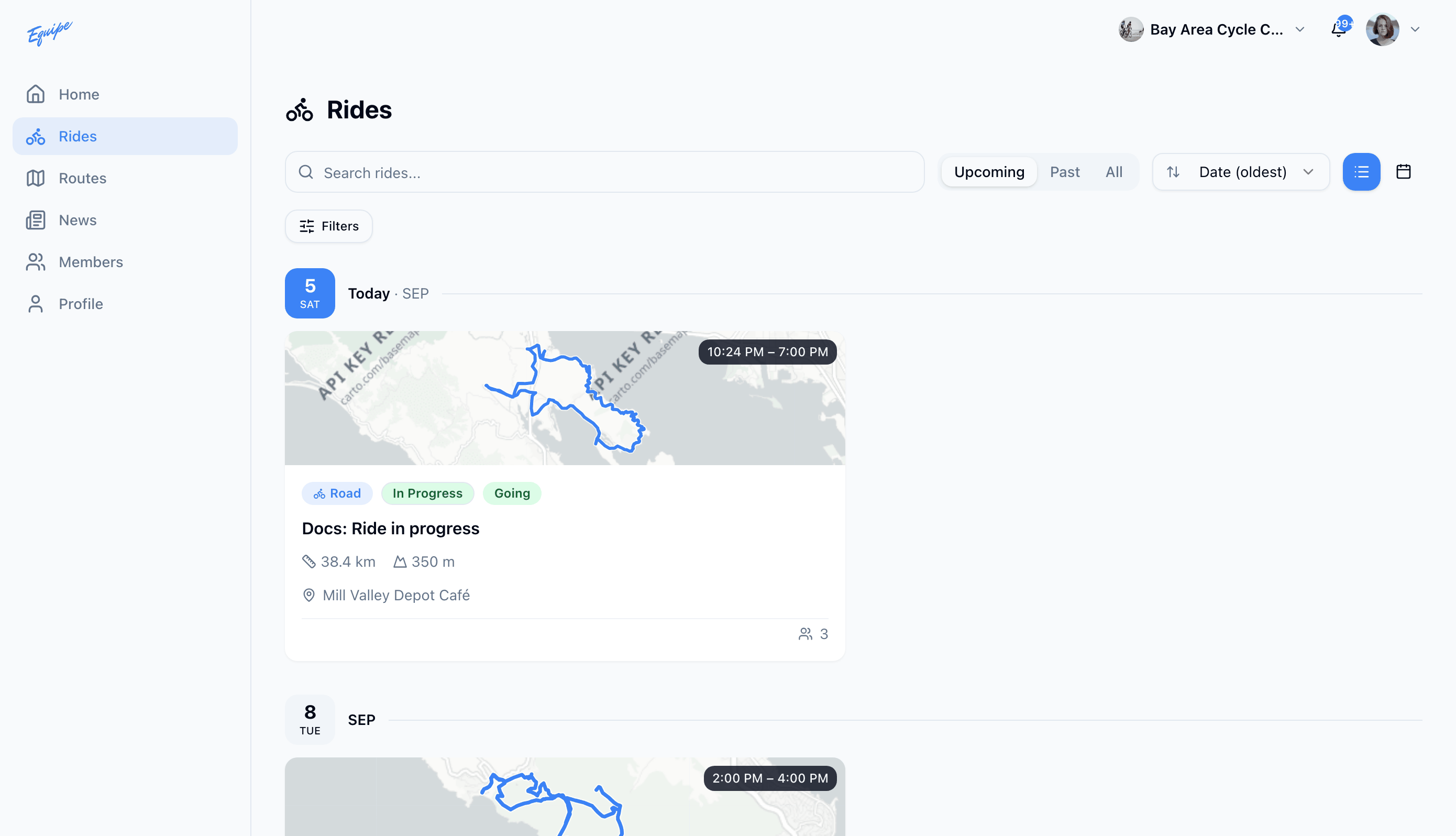 The rides list on the web grouped by date, with the Upcoming tab selected