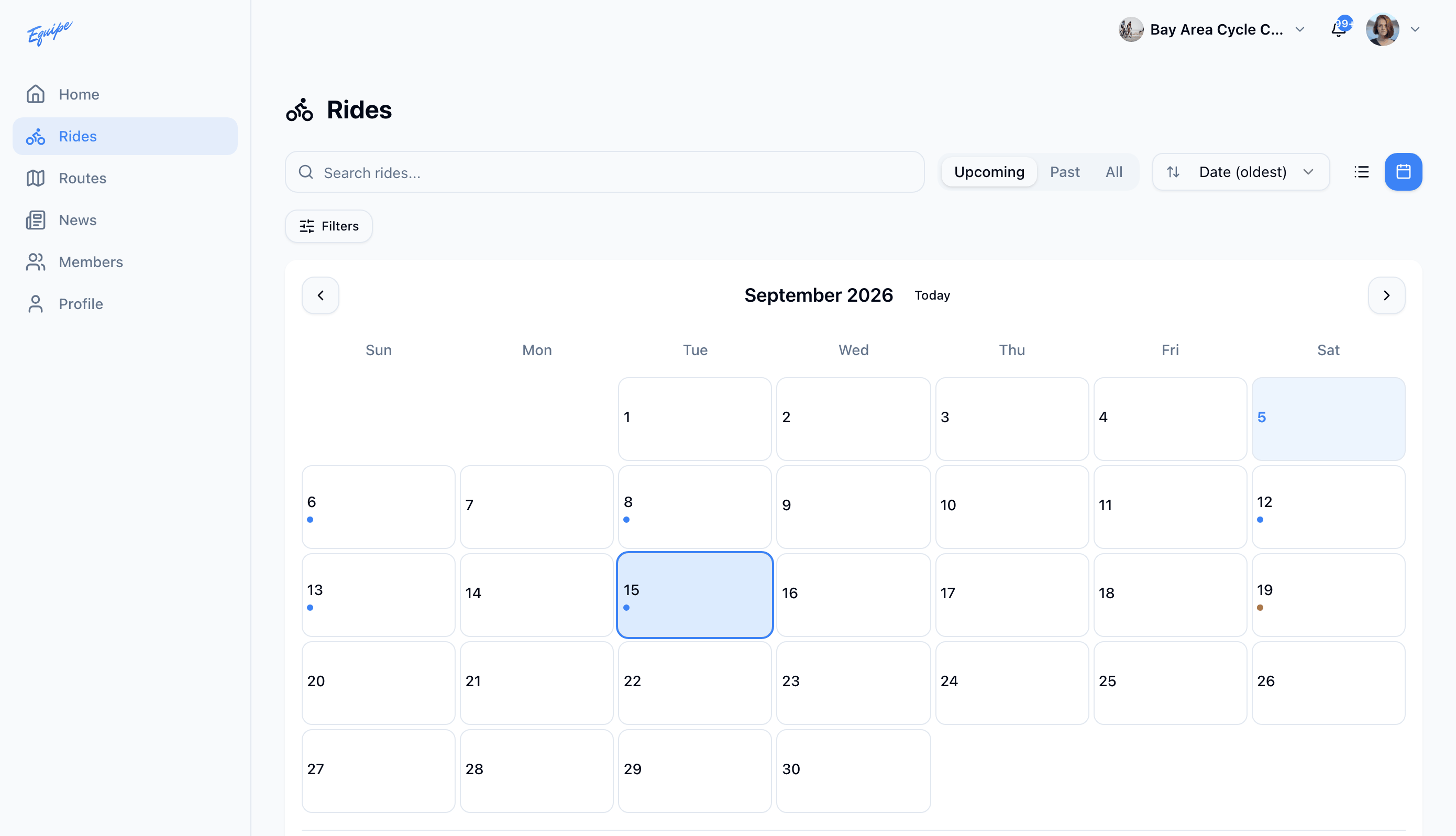 The rides calendar on the web with a day selected