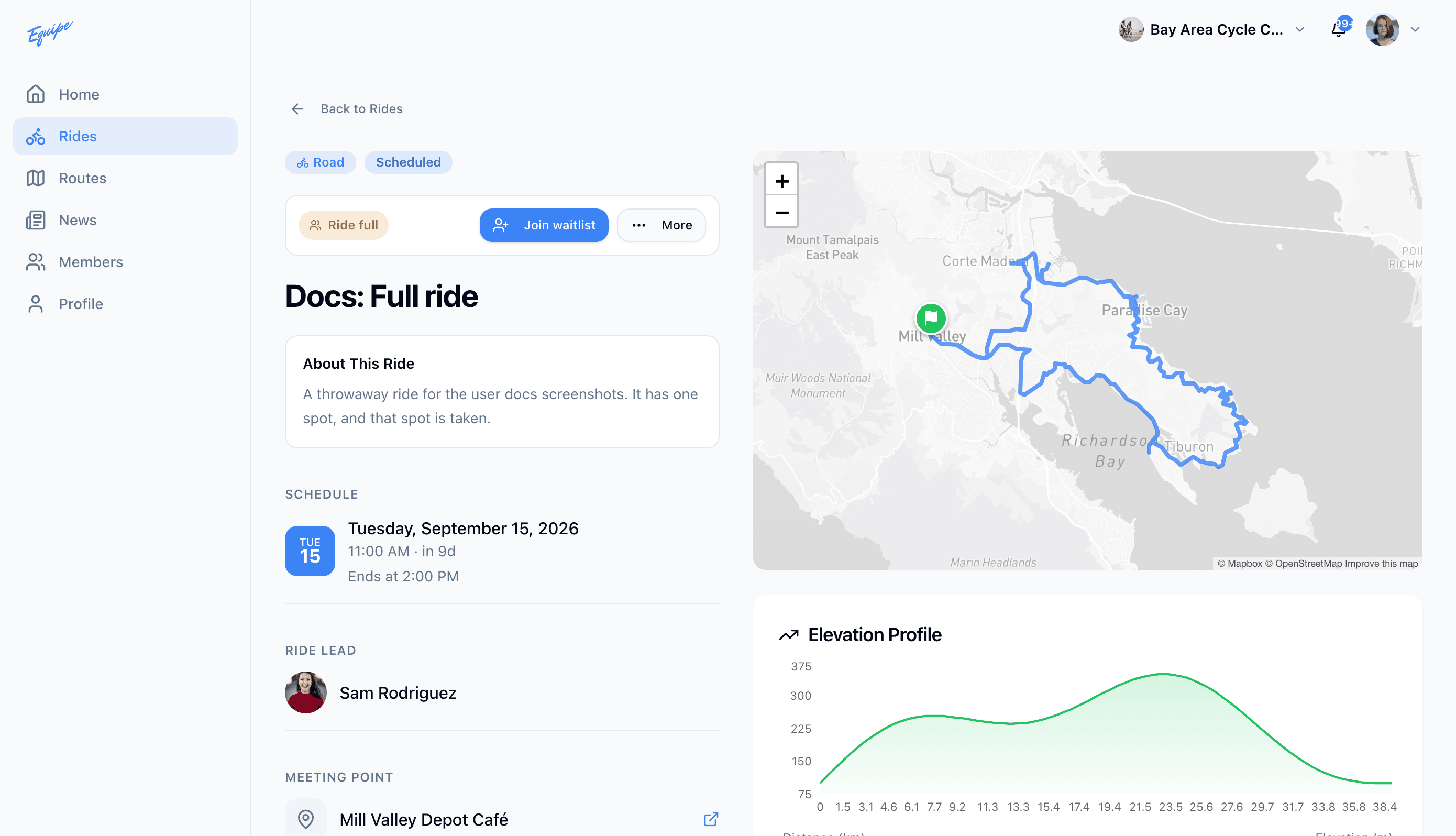 The ride detail page on the web showing the Join waitlist button on a full ride