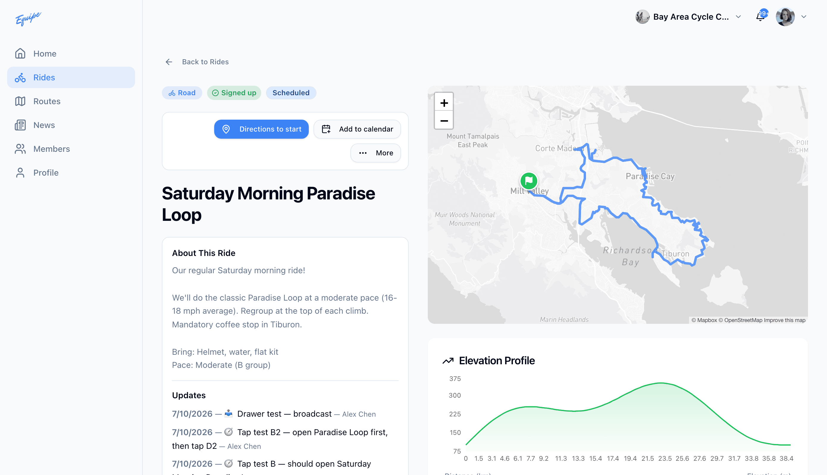 The ride detail page on the web showing the map and route stats