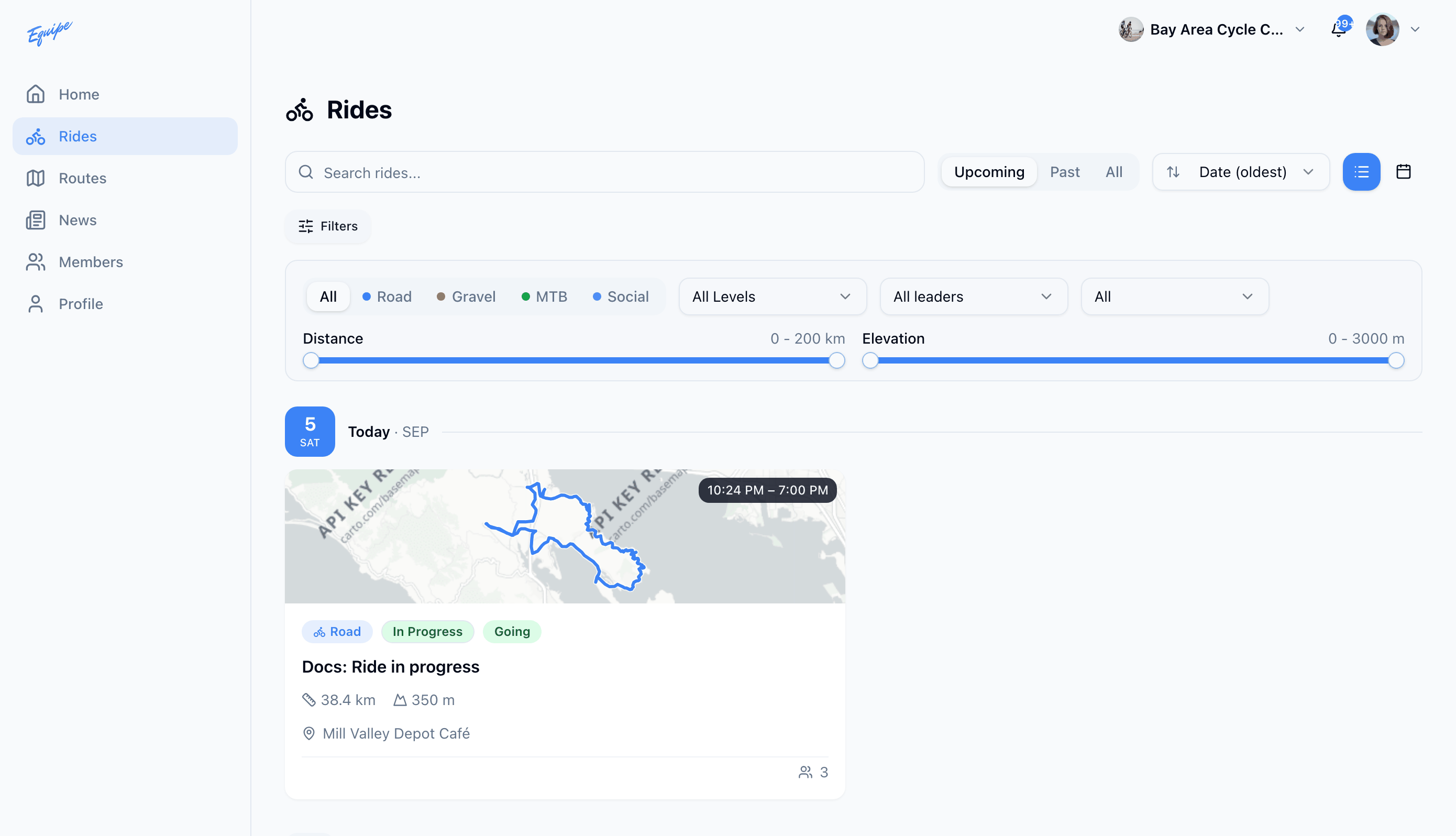 The rides filter panel on the web with discipline, workout level, and range filters open