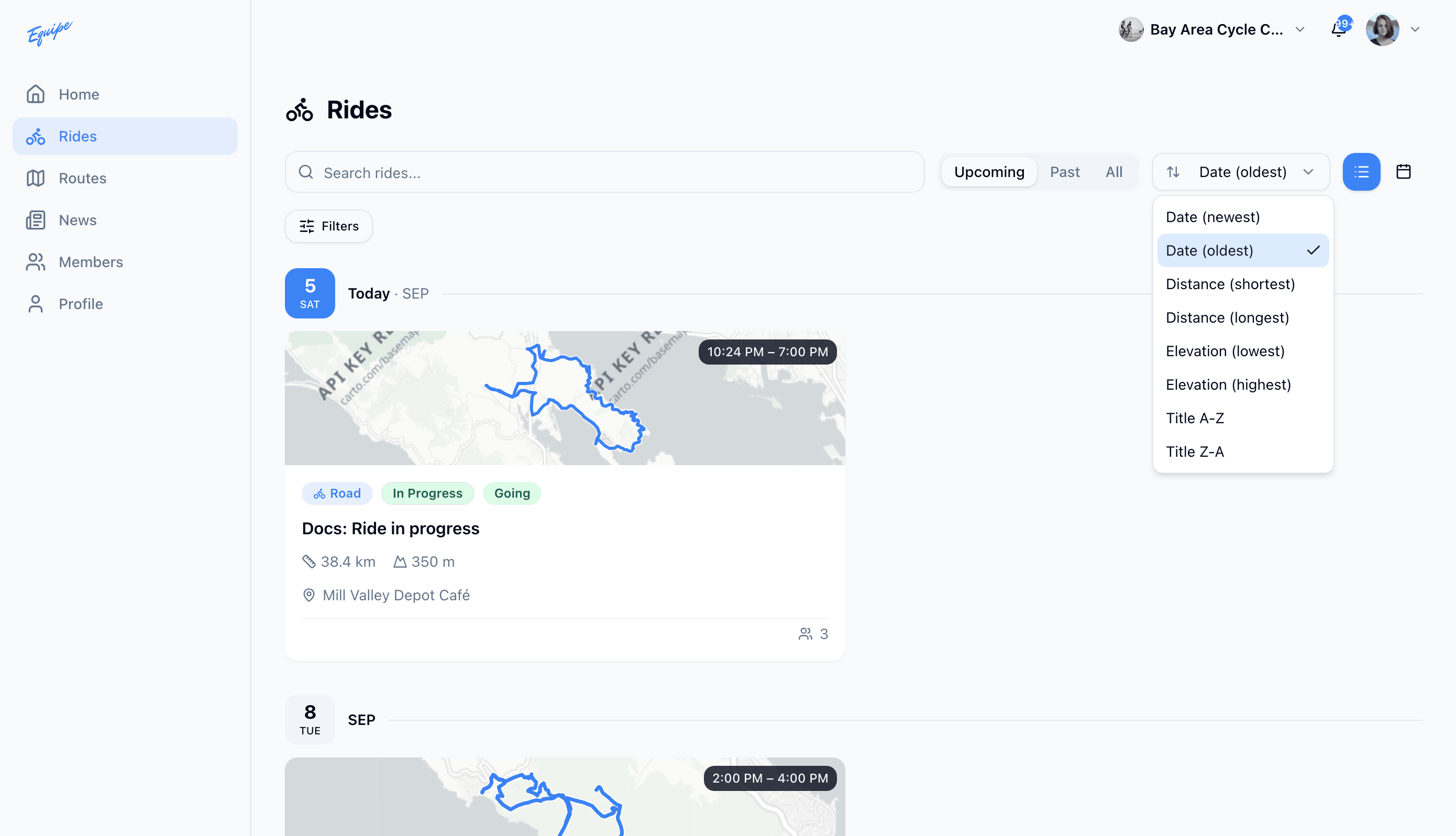 The rides list on the web with the sort dropdown open
