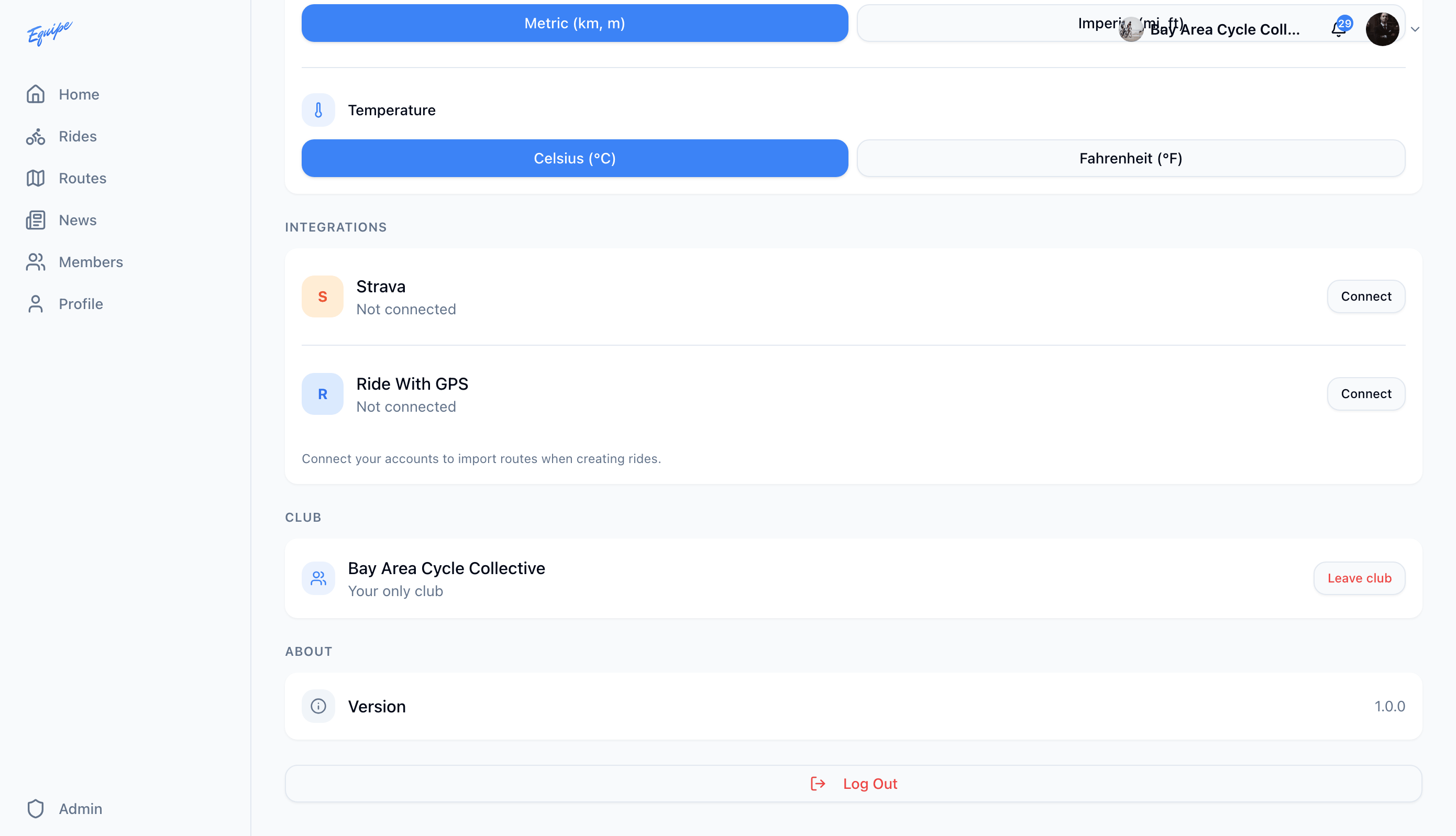 The Ride With GPS row under Integrations on the web Settings page