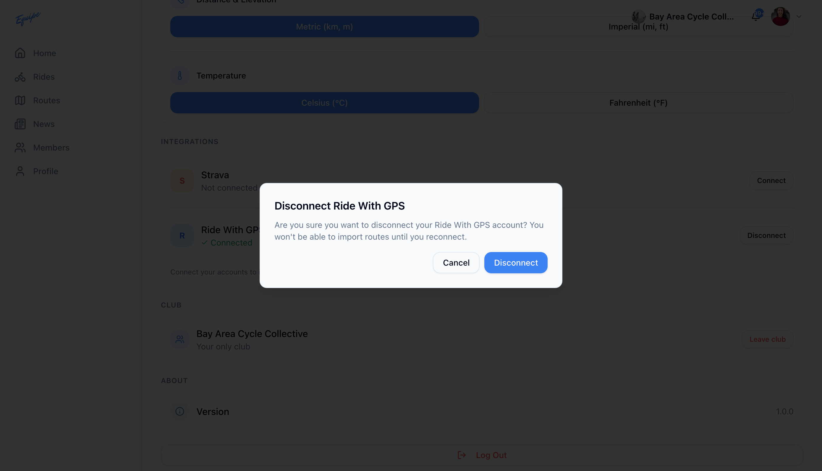 The disconnect confirmation dialog for a connected service on the web