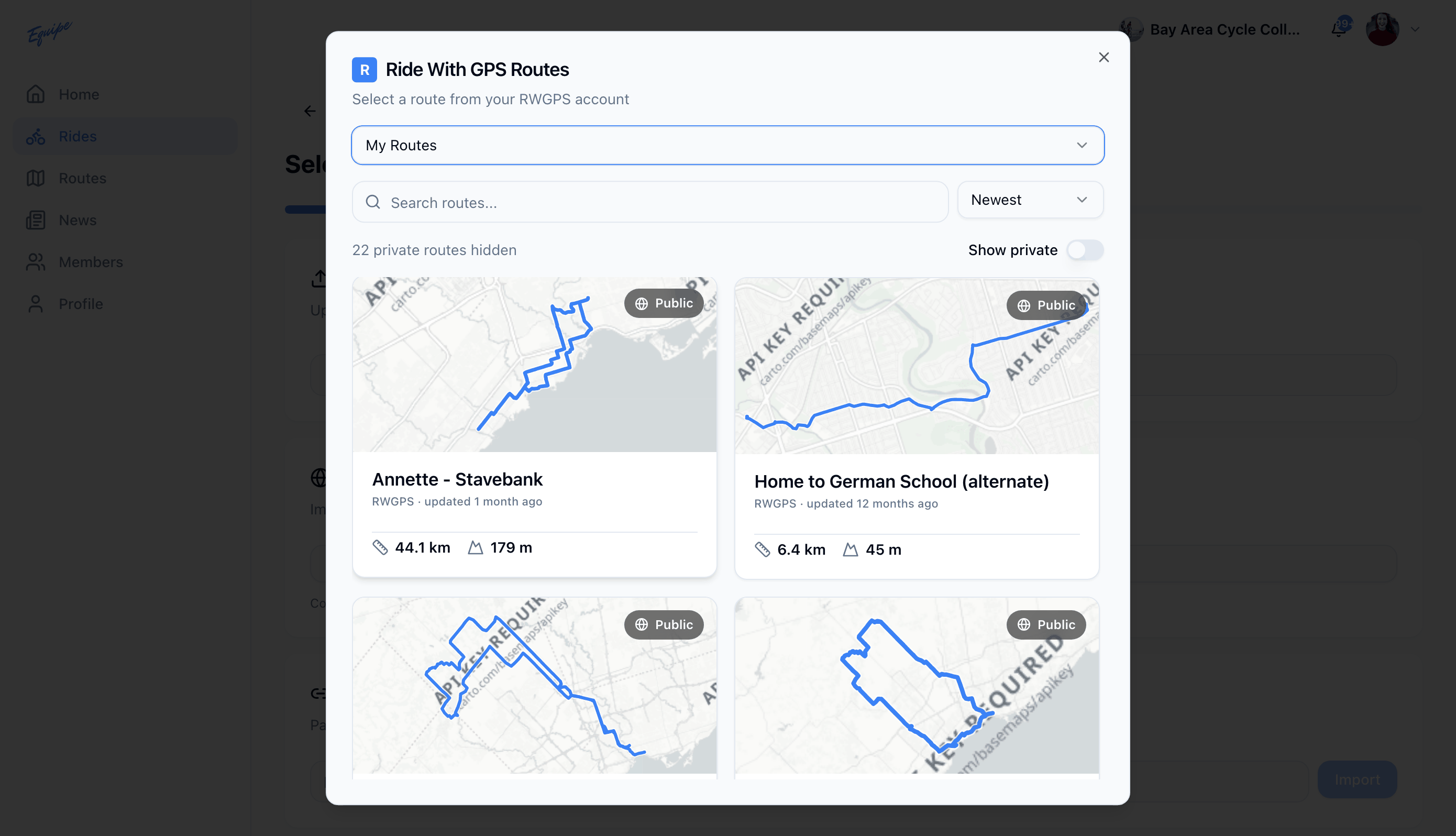 The Ride With GPS routes dialog on the web with the route list