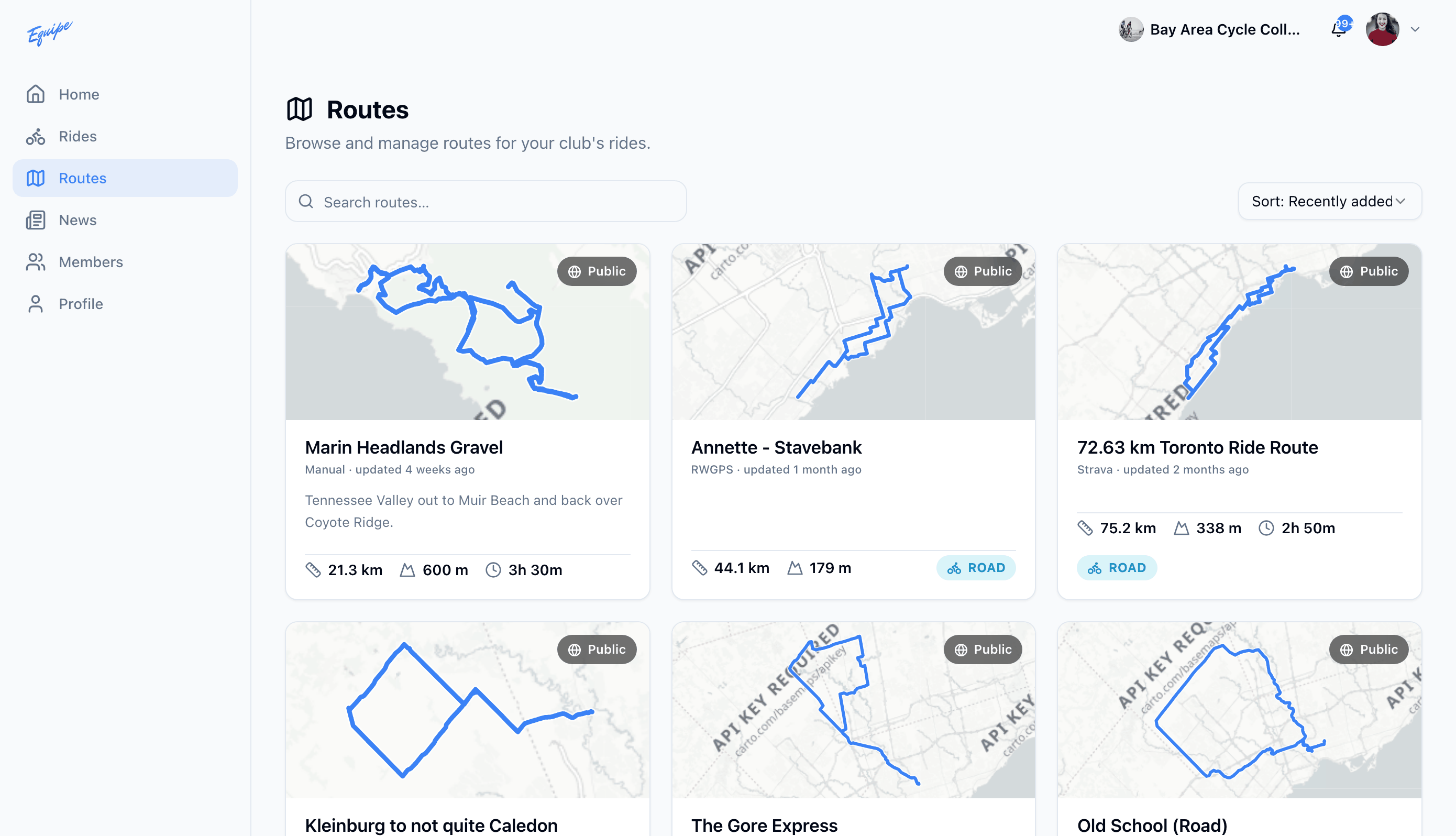 The Routes library page on the web with the search box and route cards