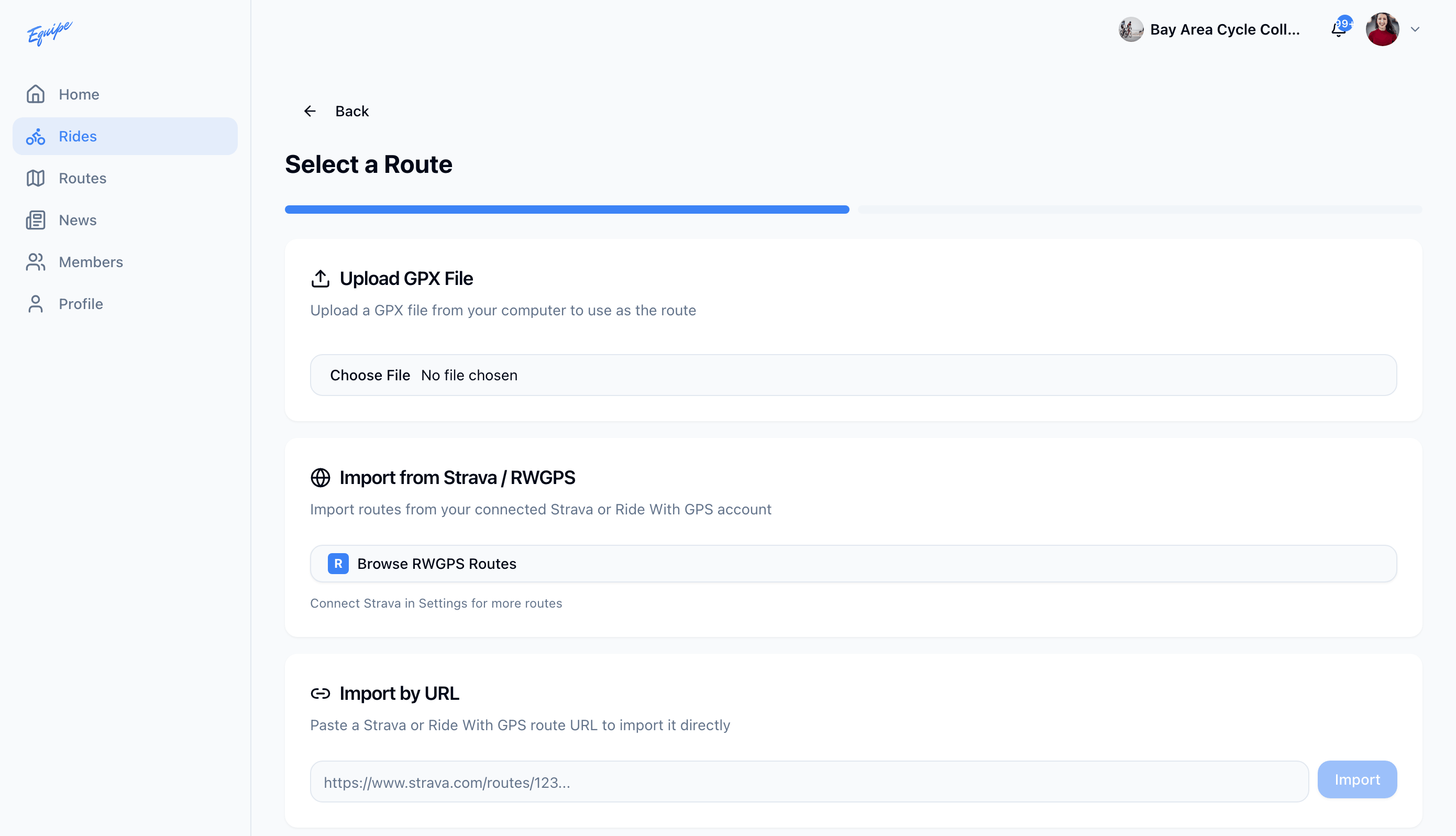 The Upload GPX File card on the web route picker